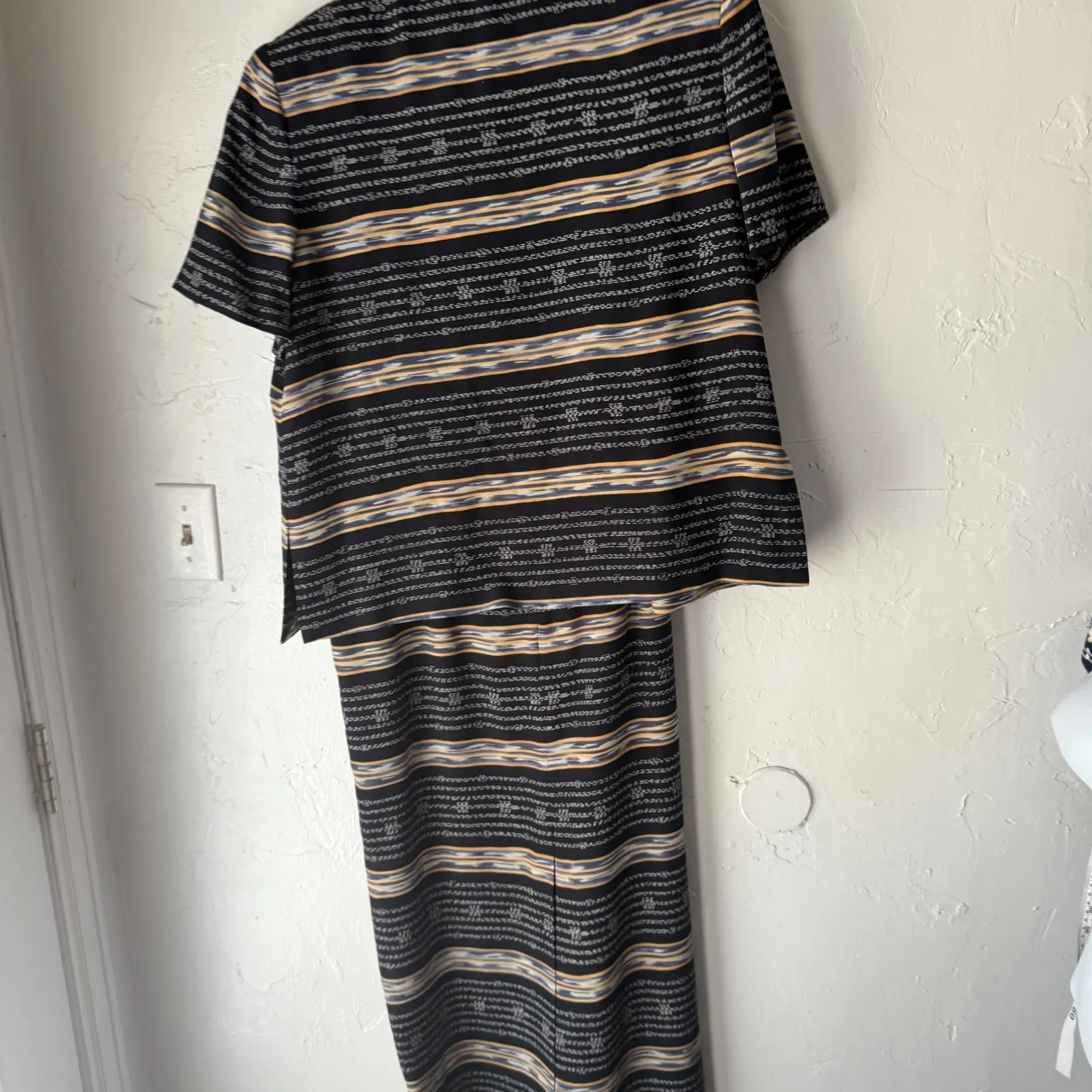 Adrianna Papell Vintage Silk‎ Blend Striped Dress Suit Set Women 16 Navy Gold - Image 7