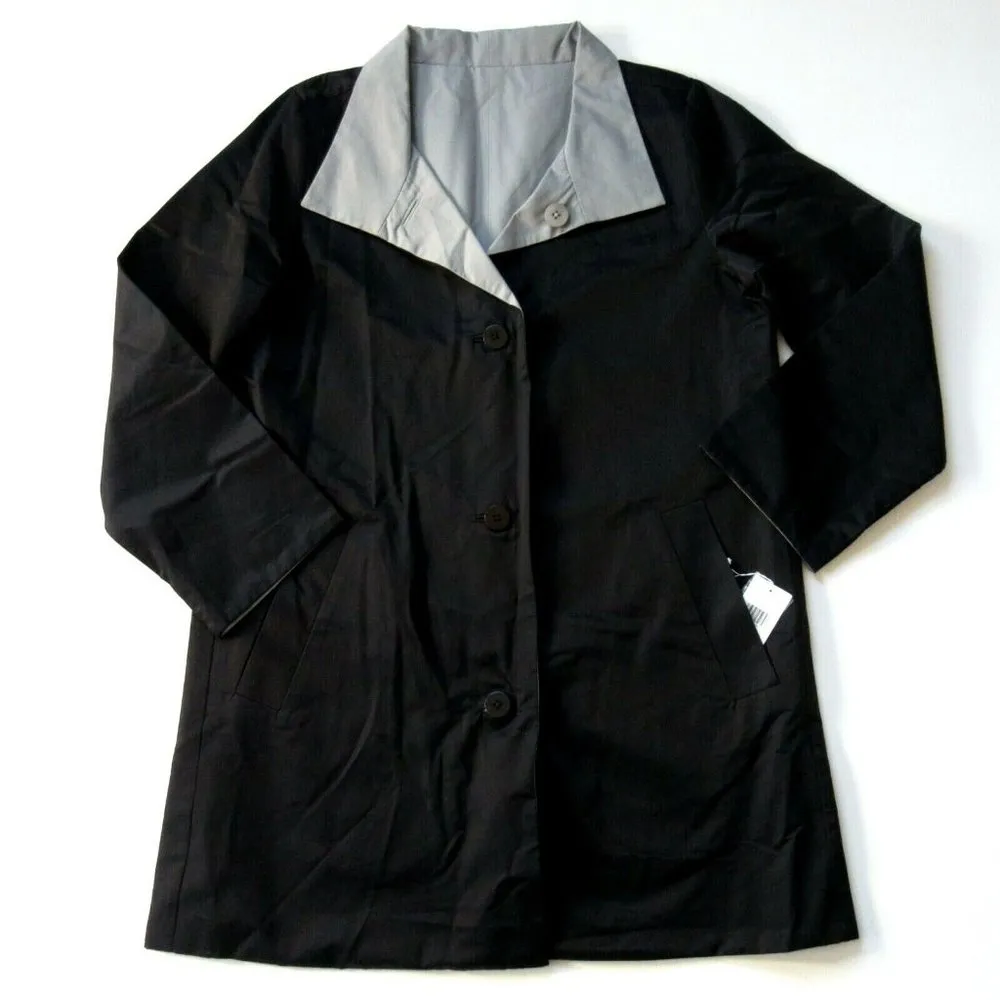 NWT Eileen Fisher Cotton Nylon Reversible Stand Collar in Black Gray Coat PP - Image 2