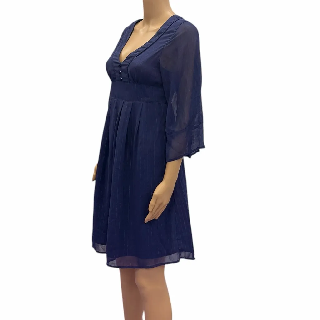 Tulle Navy Blue Sheer Midi Dress V Neck 3 Quarter Sleeve Shimmer Womens Small - Image 4