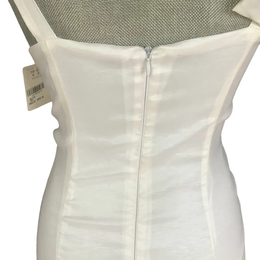 Short taffeta white satin stretch dress rushed shoulder rosettes sheath size M Size M - Image 6