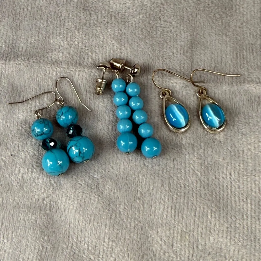 Set Of 3 Pairs Shades of Blue, Beaded & Teardrop Dangle Earrings Mixed Styles Blue - Image 2