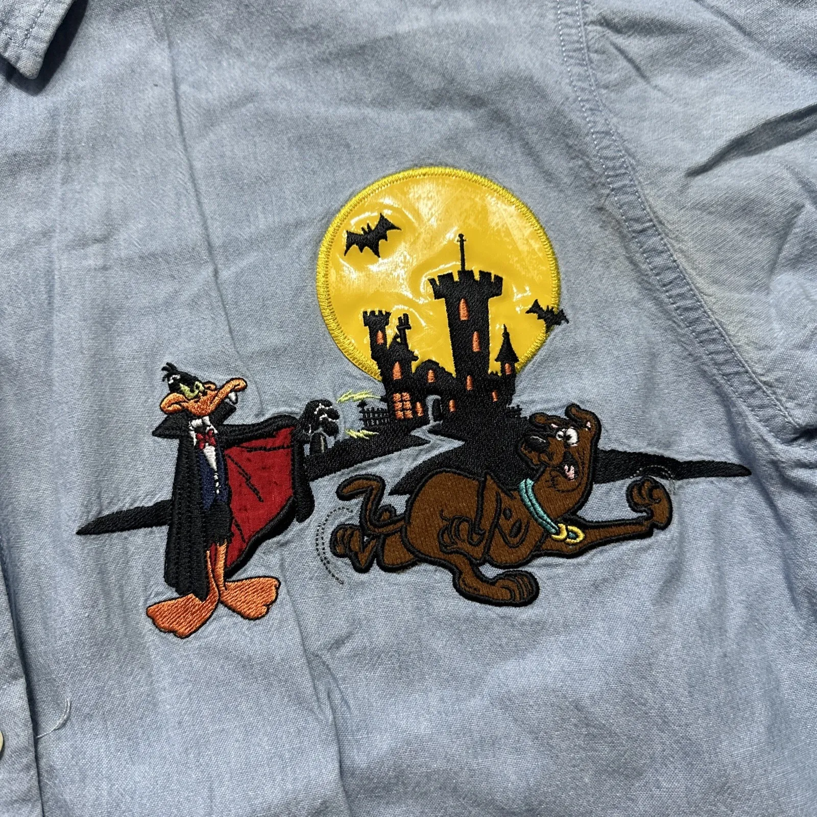 Vintage Looney Tunes Toons Women's M Button Shirt 90s HALLOWEEN ART SCOOBY Blue Size M - Image 5
