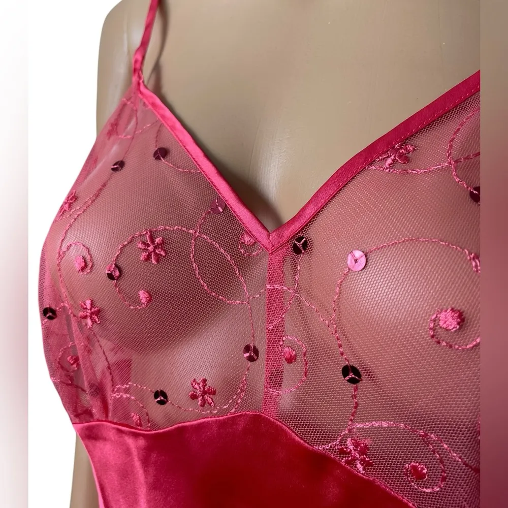 Pink Plus Size Sheer Mesh Sequin Embroidered Cutesy Floral Satin Mini Slip Dress - Image 2