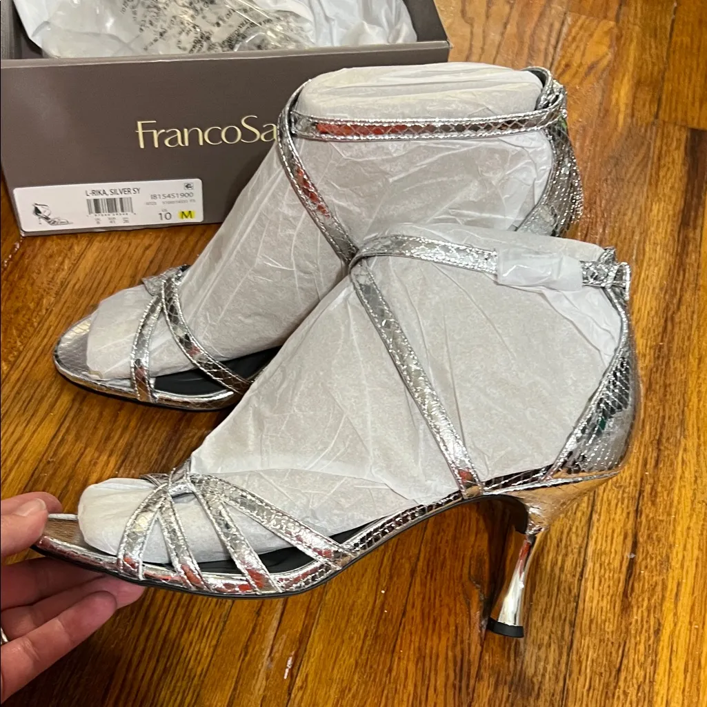 Franco Sarto Shiny Silver Strappy Heels - Image 3