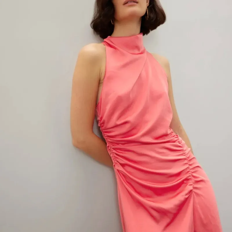 A.L.C. Coral Satin Halter Gown Size 6 Cocktail Asymmetric Ruched Midi Dress $500 - Image 3
