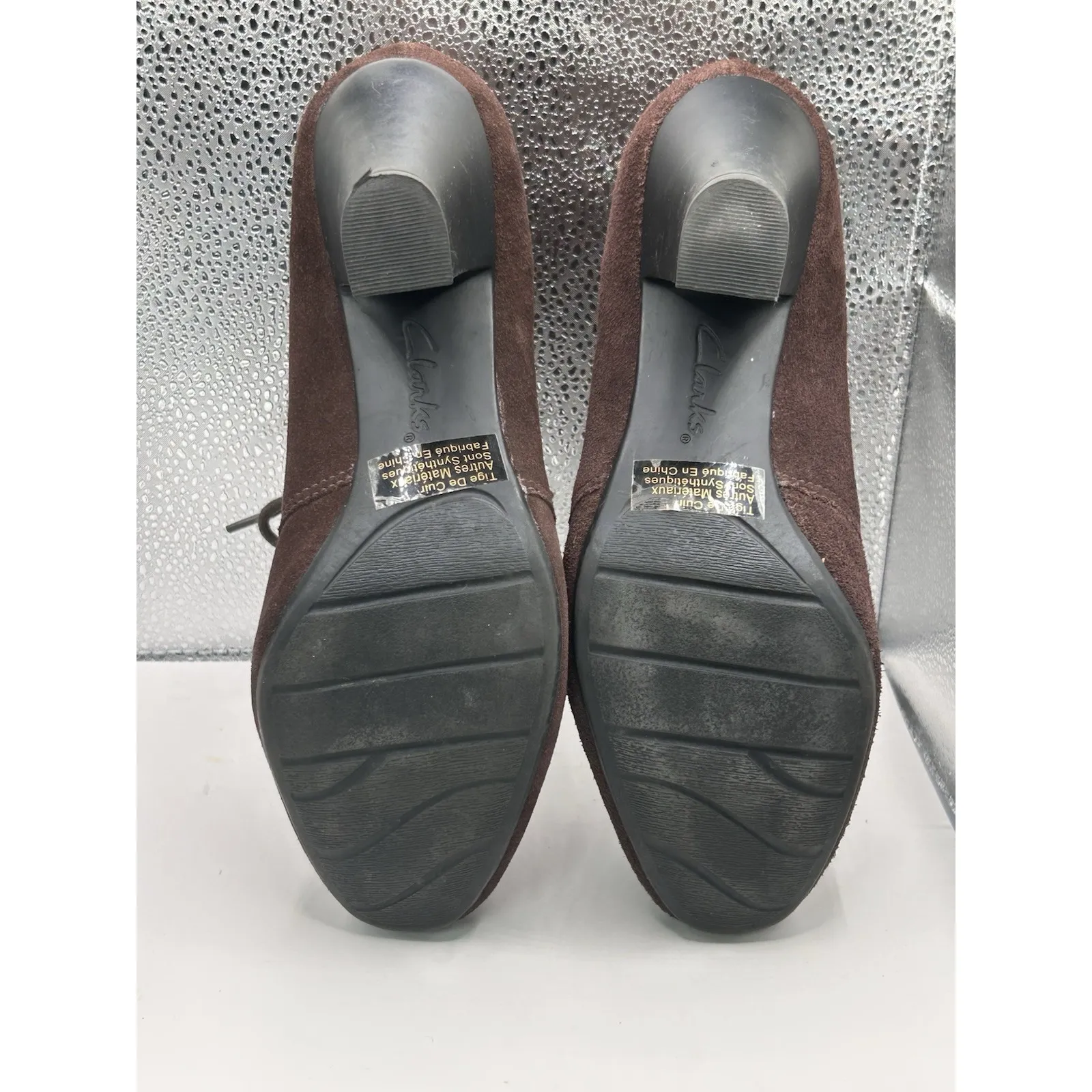 Clarks Boots Women 7.5 Brown‎ Suede Tiger Leather Heeled Lace Up Booties - Image 3