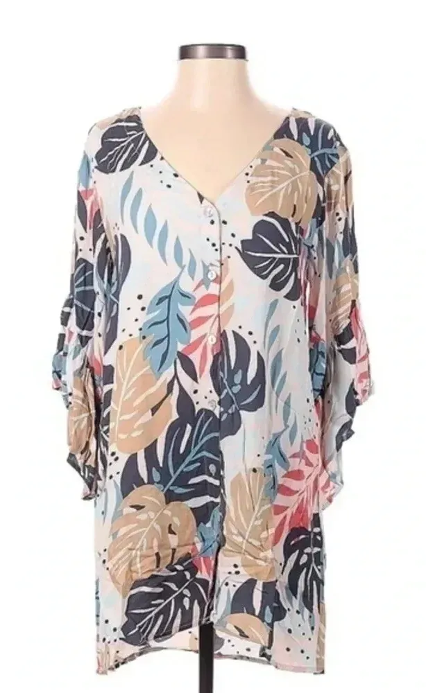 Saltwater Luxe Coastal Palm Leaf Button Front Bell Sleeve Swim Coverup Size XS - Image 1