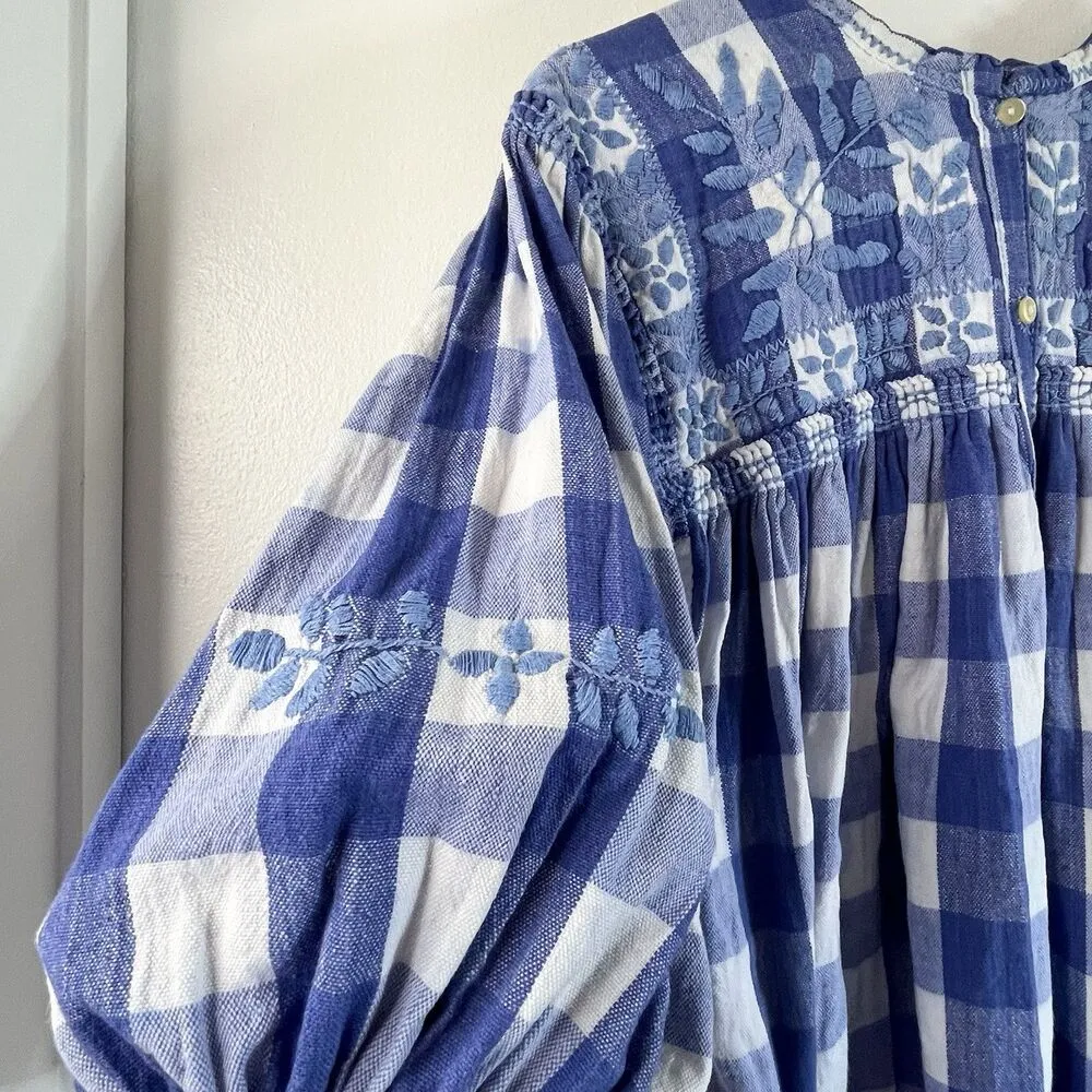 VTG White Blue Gingham Top & Skirt Embroidered Foral Cottage Peasant Fit S/M - Image 5