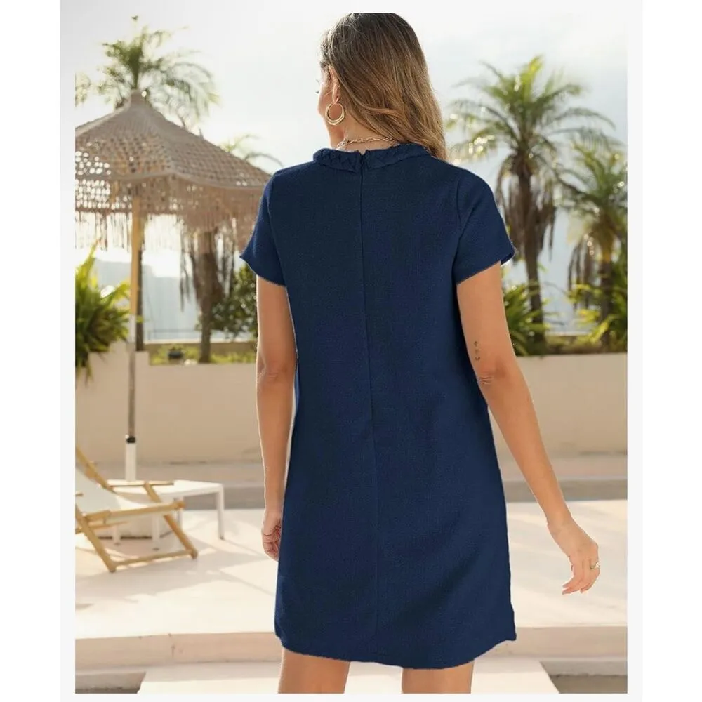 NEW Tweed Mini Crew Neck Career Elegant Dress S Blue - Image 2