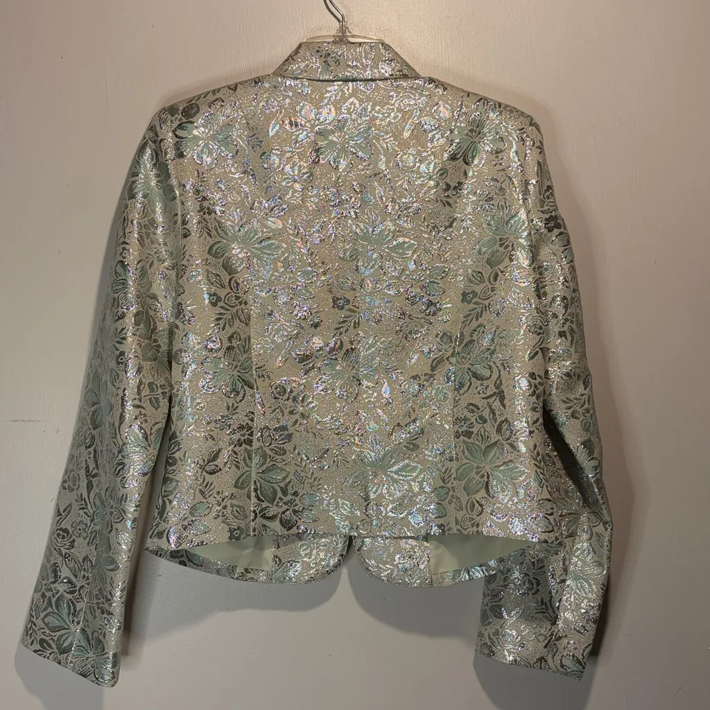 Old Navy- Vintage Cream Silver Green Floral Blazer Metallic Brocade Formal L - Image 2