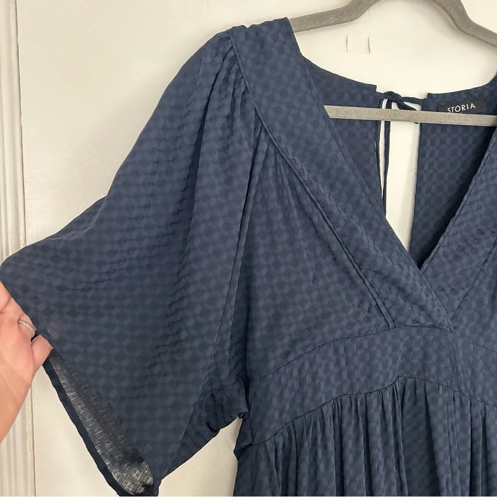 Blue Tie Back Short Sleeve Flowy Cocktail Dress M - Image 4