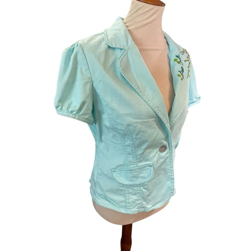Live A Little Aqua Blue Embroidered Rhinestone Lightweight Jacket Size Medium - Image 3
