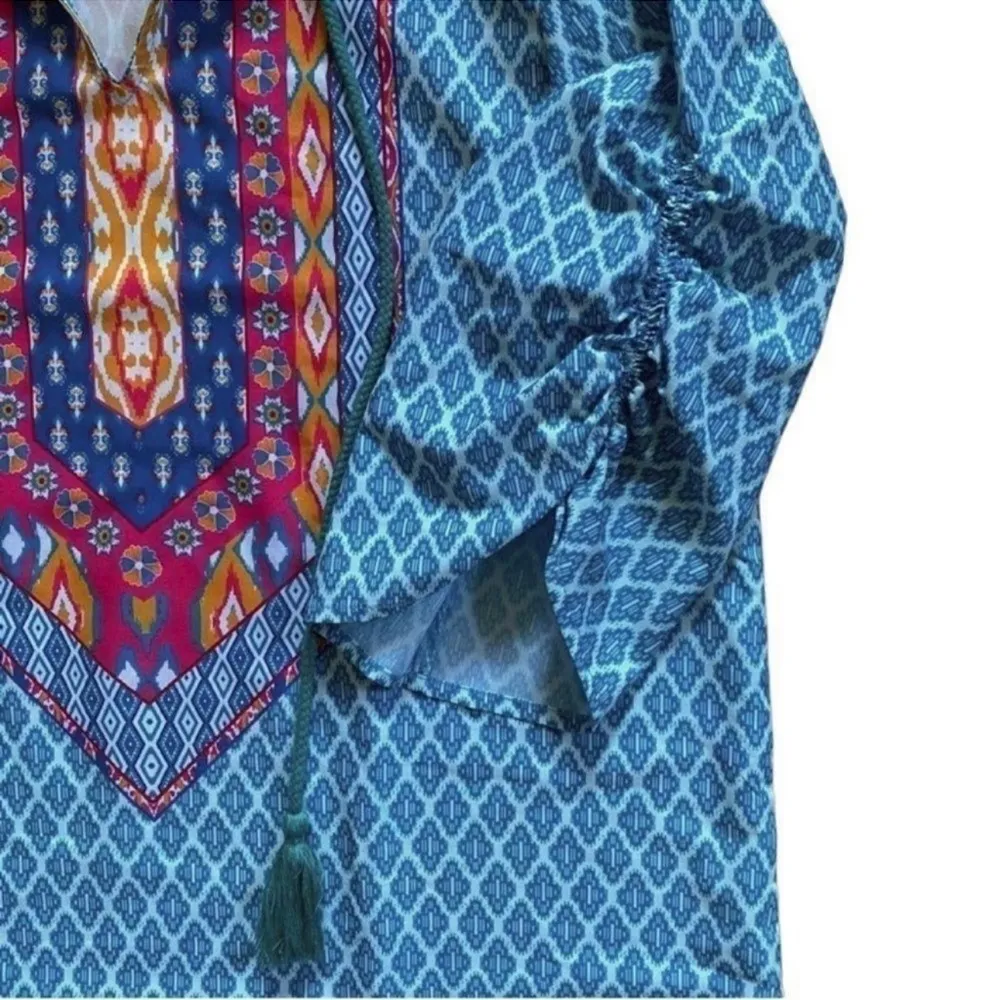 Urban Coco Blue Multicolor Ruche Sleeve Swim Coverup Dress with Tassels Medium - Image 7