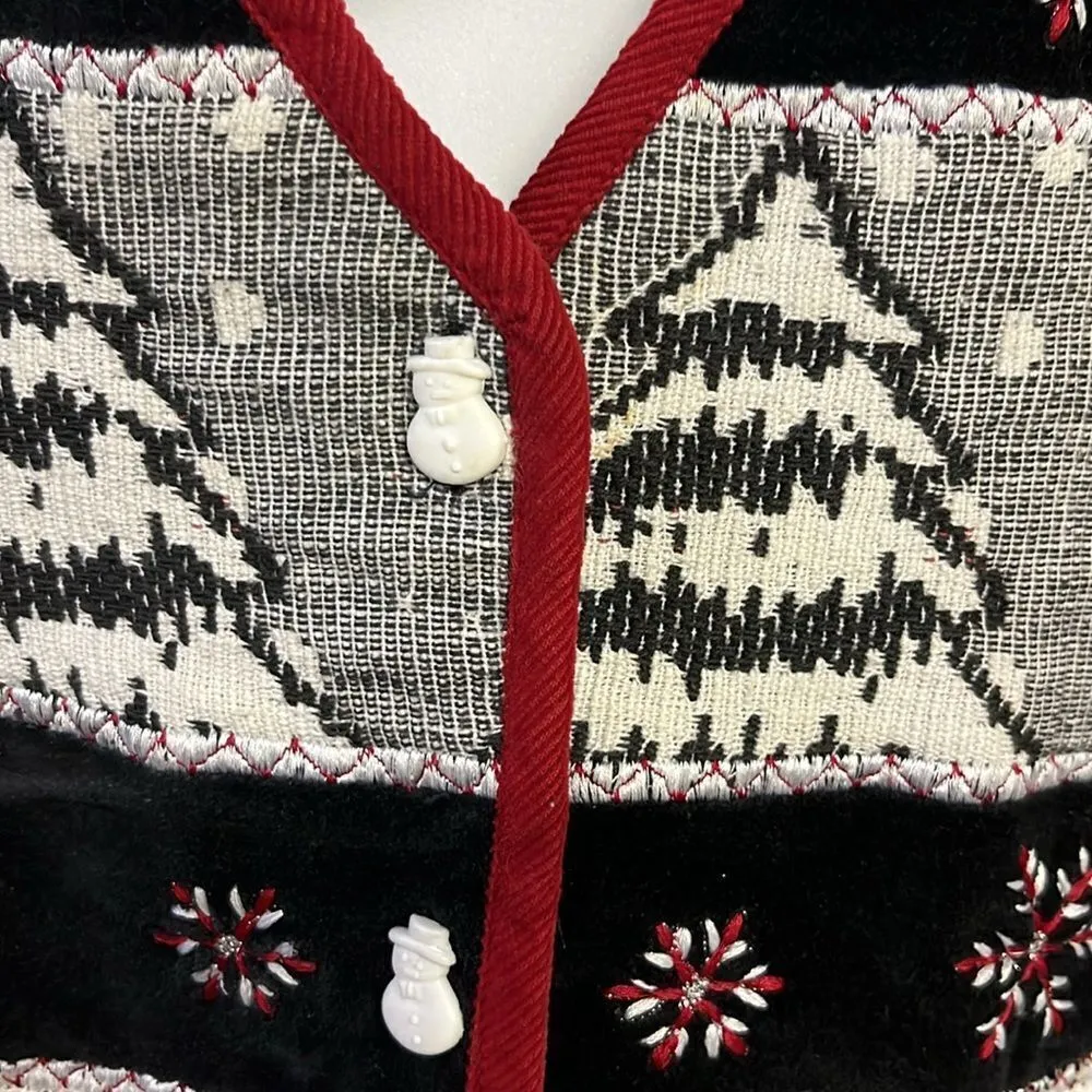 TanTrums Vintage Black Button Up Snowman Tree Snowflake Vest - Image 5