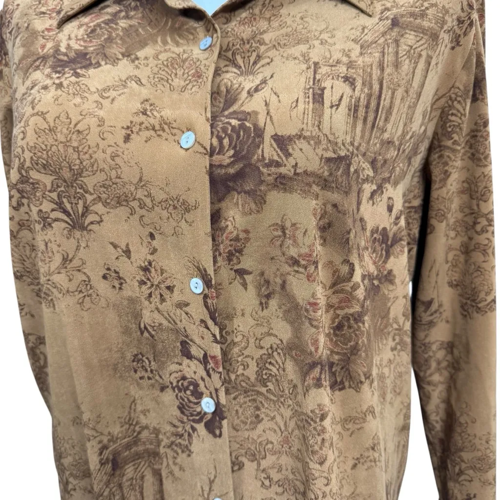 Soft Surroundings Brown Toile Print Button Front Shirt TXL Long Sleeve - Image 4