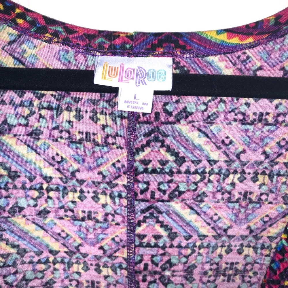 LuLaRoe Lindsay Cardigan Open Front Pink w/ Colorful Geometric Pattern Sz L EUC - Image 6