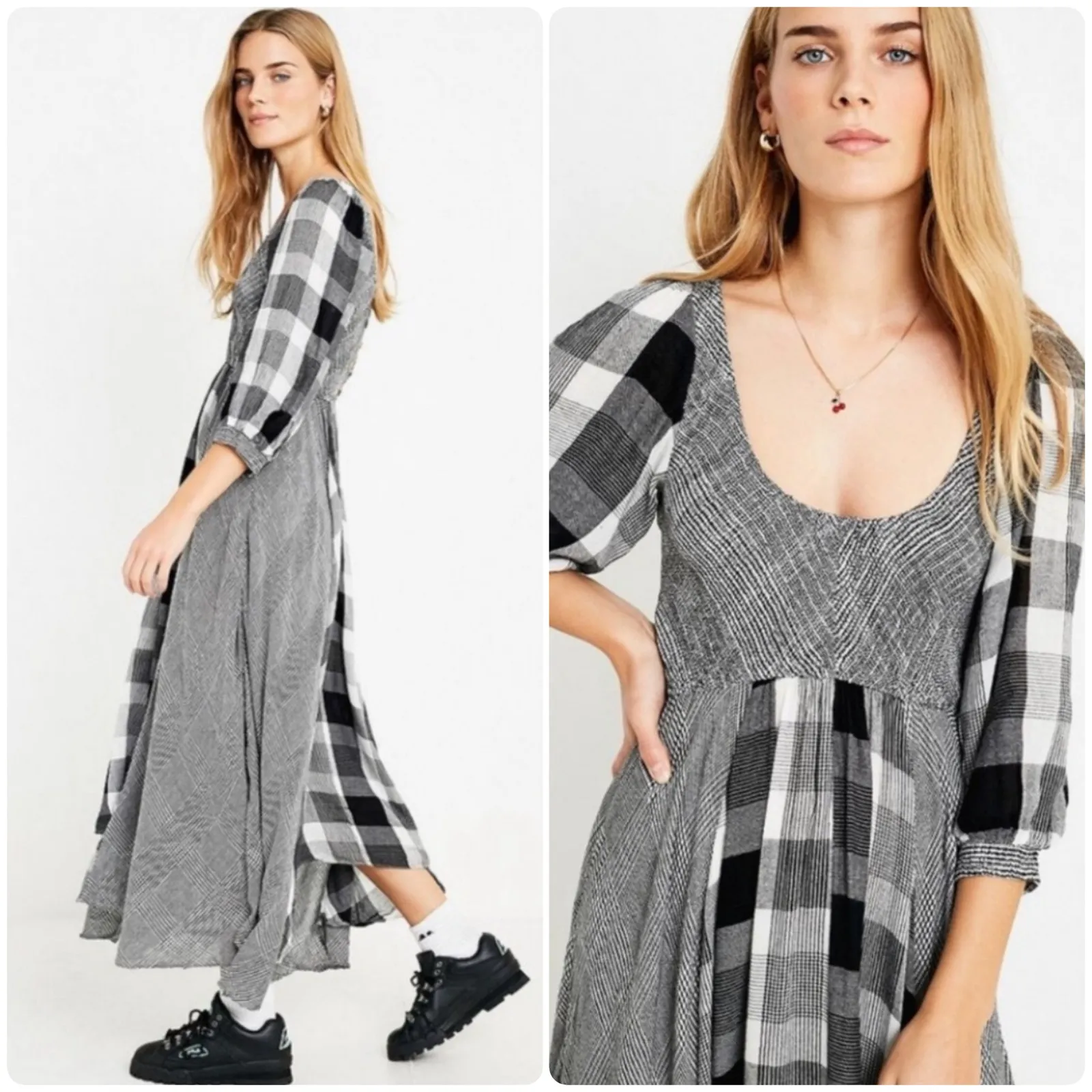 Free People Womens Boho Peasant Old Friends 3/4‎ Sleeve Plaid Midi Dress XS Gray - Image 3