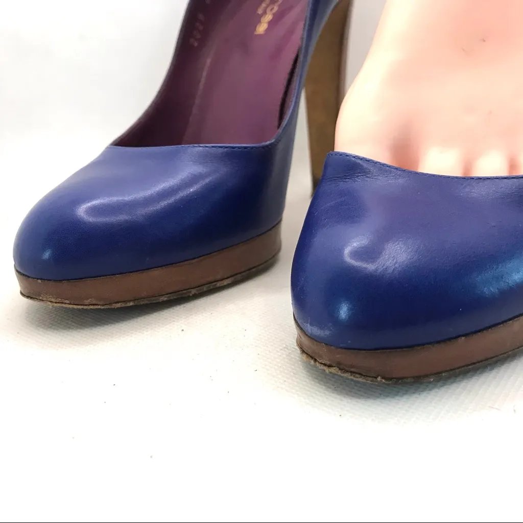 SERGIO ROSSI BLUE LEATHER CLASSIC PUMPS WITH WOODEN HEELS (37) - Image 11