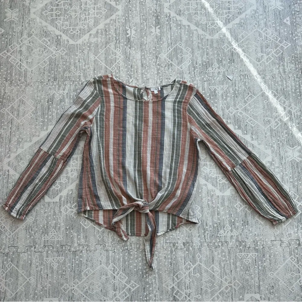 T. Rose Striped Tie Front Linen Bubble Sleeve Scoop Neck Keyhole Back Top Size S Purple - Image 5