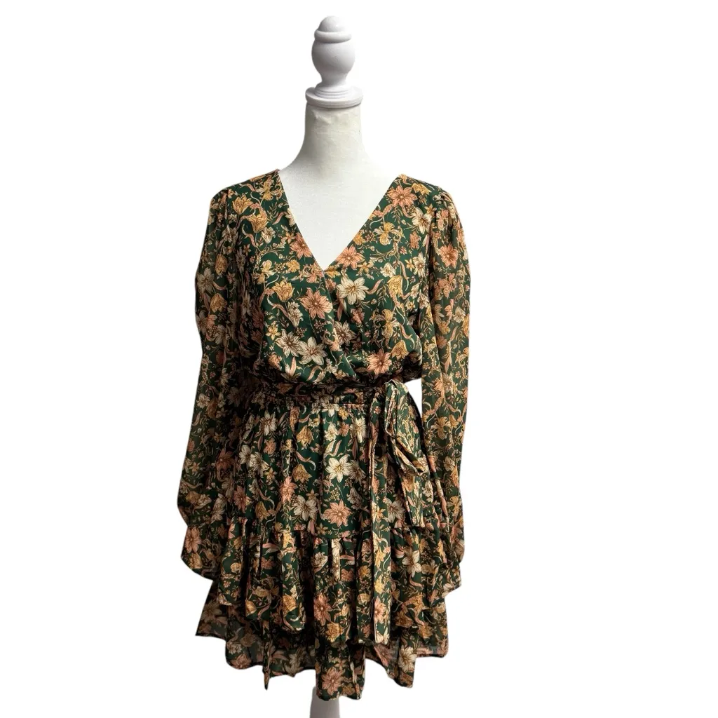 NEW Baltic Born Shirley Long Sleeve Floral Mini Dress Ruffle Hem Green Small S - Image 4