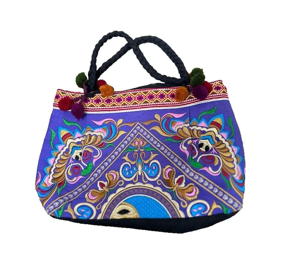 Embroidered 100% Cotton Thailand Boho Hand Bag Shoulder Bag Purse Zipper Pom Pom Blue - Image 6