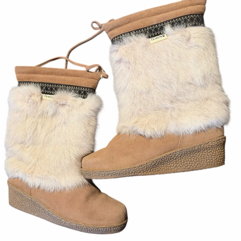 BEARPAW Genuine Sheepskin Suede Rabbit Fur-Trimmed Wedge Boots Women’s 8 - Image 2