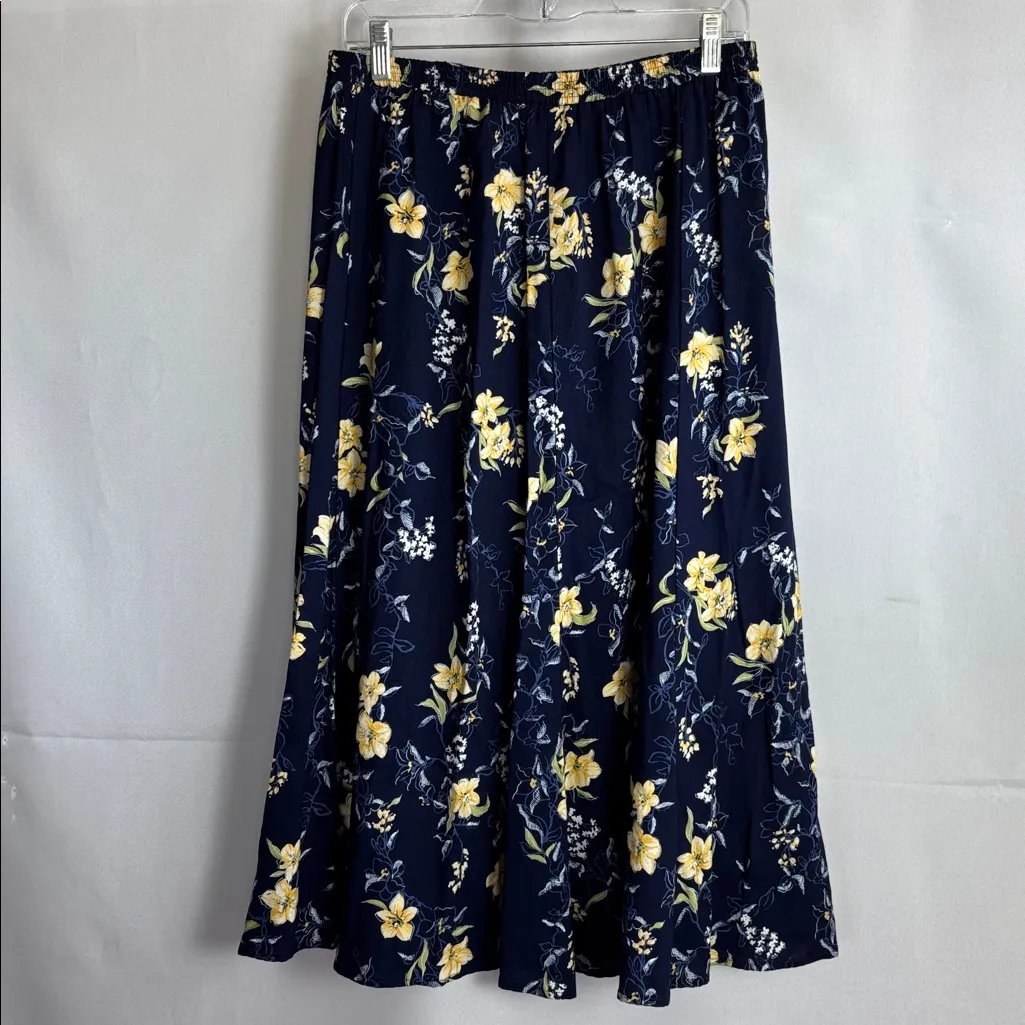 Vintage Liz baker essentials Size L Floral Navy and Yellow Women's Skirt - Image 5