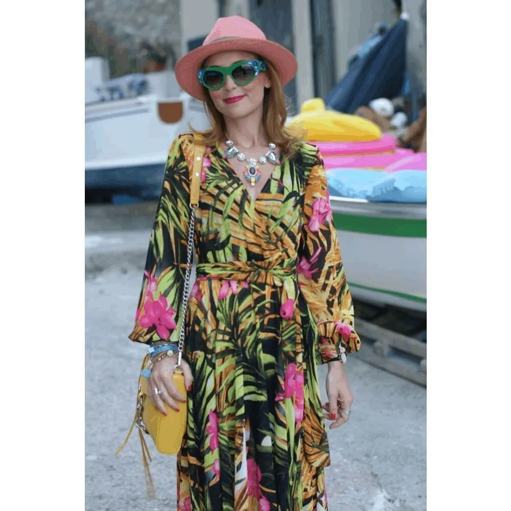 Womens Tropical Leaf Hibiscus Sheer Dress Swim Coverup Maxi Long Sleeve Large Green - Image 10