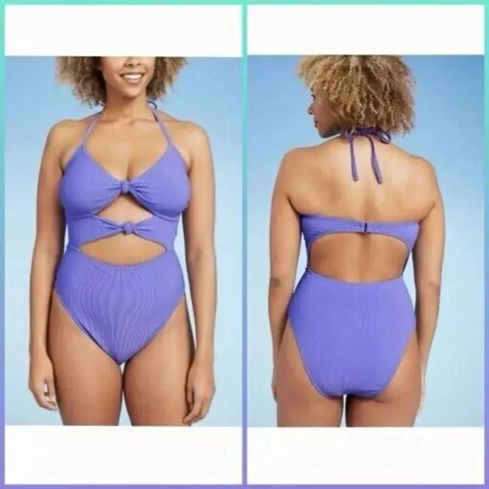 Shade & Shore Double Knot‎ Cut Out Ribbed One Piece Swimsuit S Purple Cheeky - Image 2
