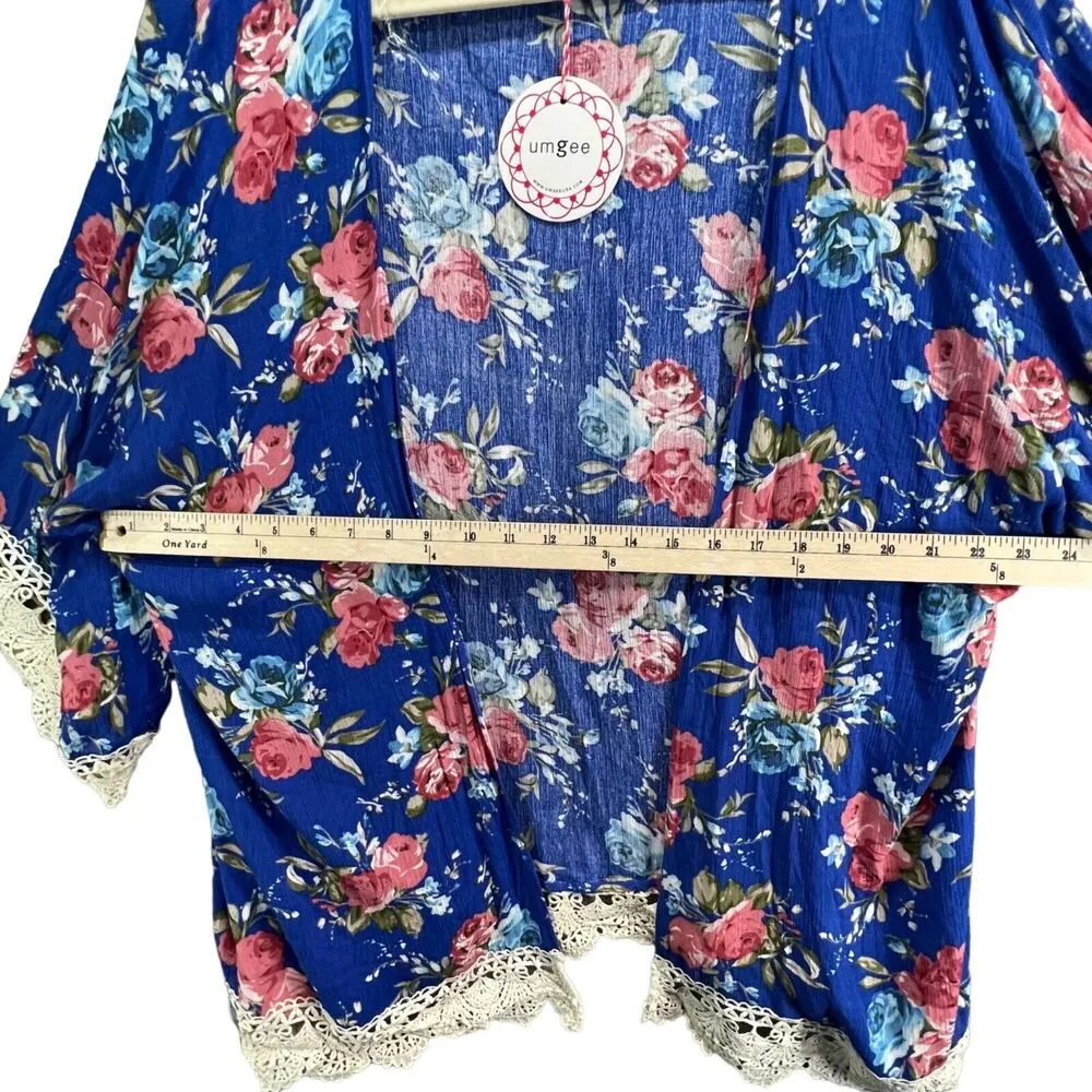 Umgee Kimono Womens S Blue Red Lace Floral Print Lace Flowy Open Cover Up Boho - Image 6