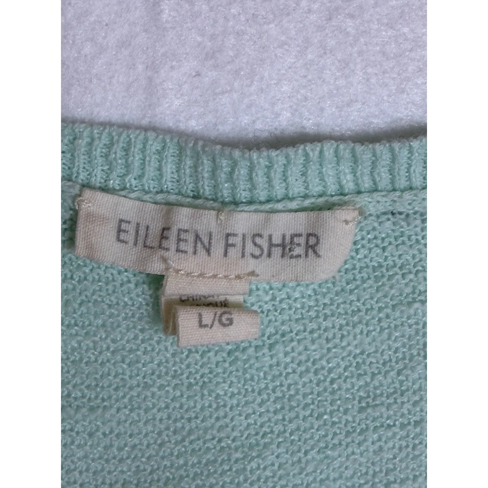 Eileen Fisher V Neck Lightweight Knit Sweater Mint Green LG Organic Linen Cotton - Image 4