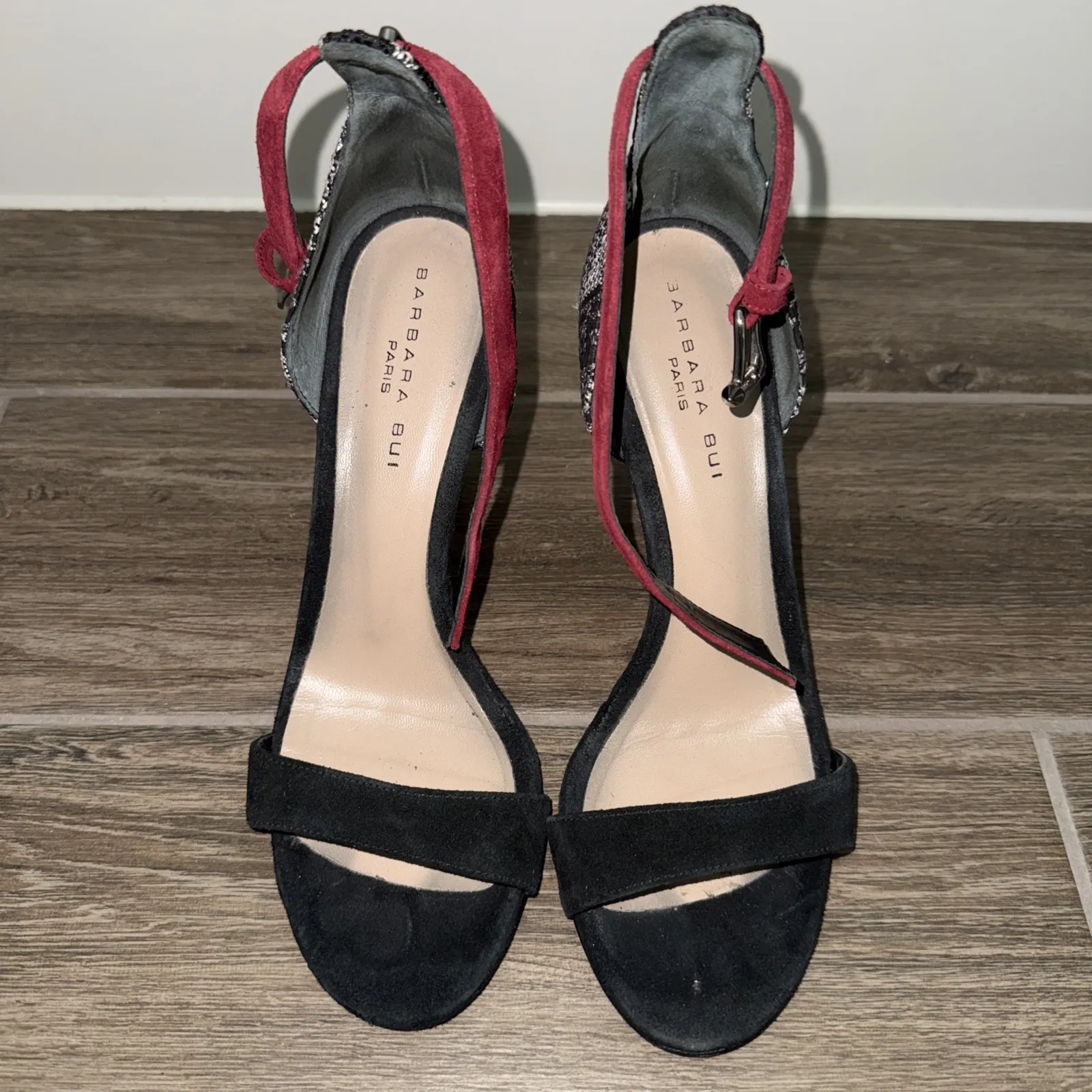 Barbara Bui black suede heels Black White‎ patterned Back Red ankle strap 38.5 Size 8.5 - Image 3