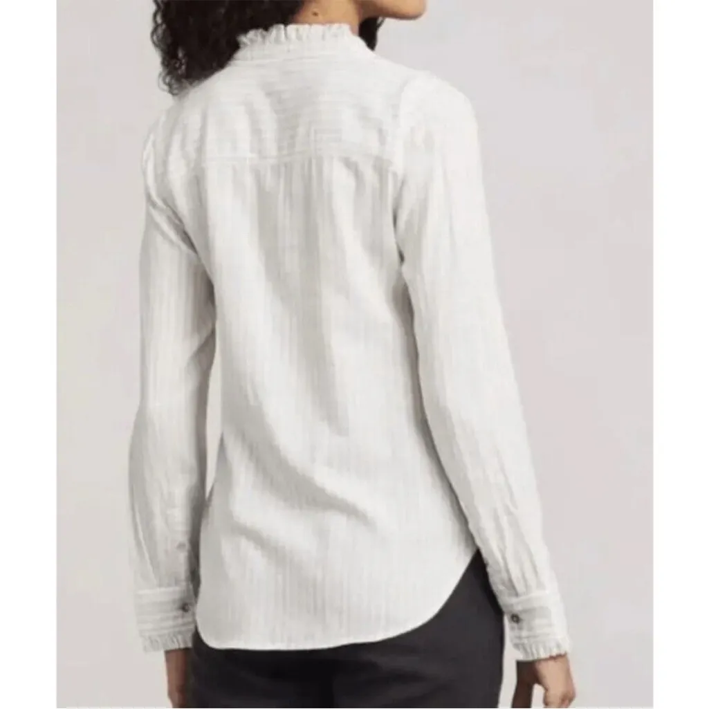 Faherty Nantucket Ruffle Button Down Linen Blend Striped Shirt White/Beige Small - Image 13