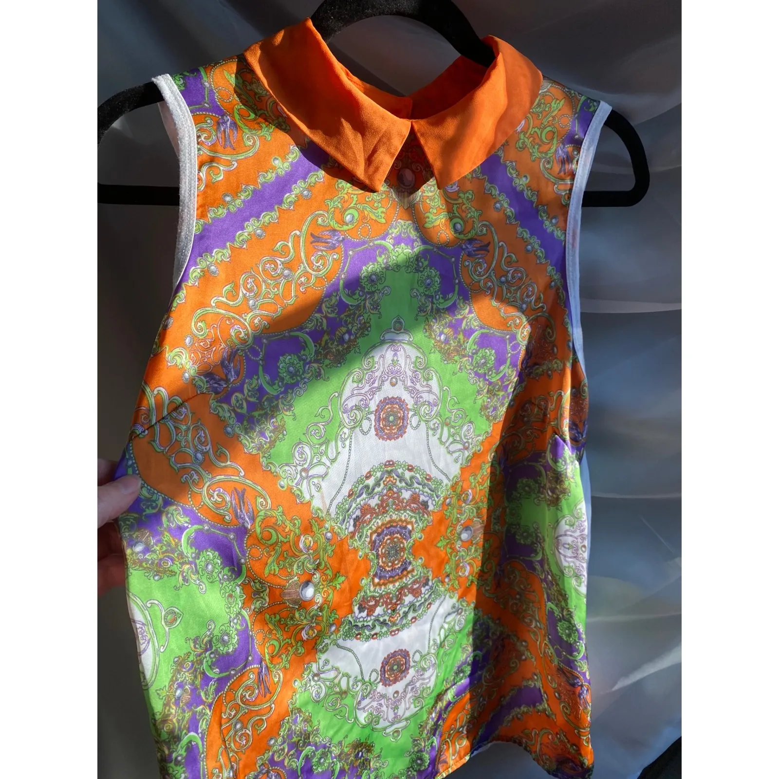 ALLEN SCHWARTZ Abstract Orange Collar Tank Top Medium Groovy Silky Boho Fest Y2K - Image 2