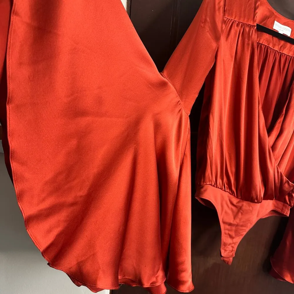 CAROLINE CONSTAS | Charmeuse Silk Bell Sleeve Bodysuit Rust Orange Extra Small Size XS - Image 5