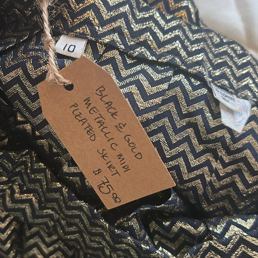 Vintage Black Gold Zip Zag Pattern Metallic Pleated Midi Skirt Size 10 - Image 5