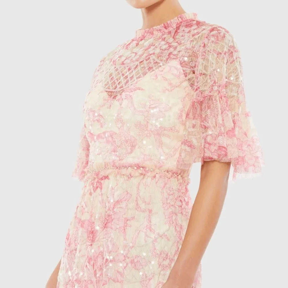 MAC DUGGAL  9148 Womens Pink Flounce Sleeve Floral Embellished Dress 12 - Image 3