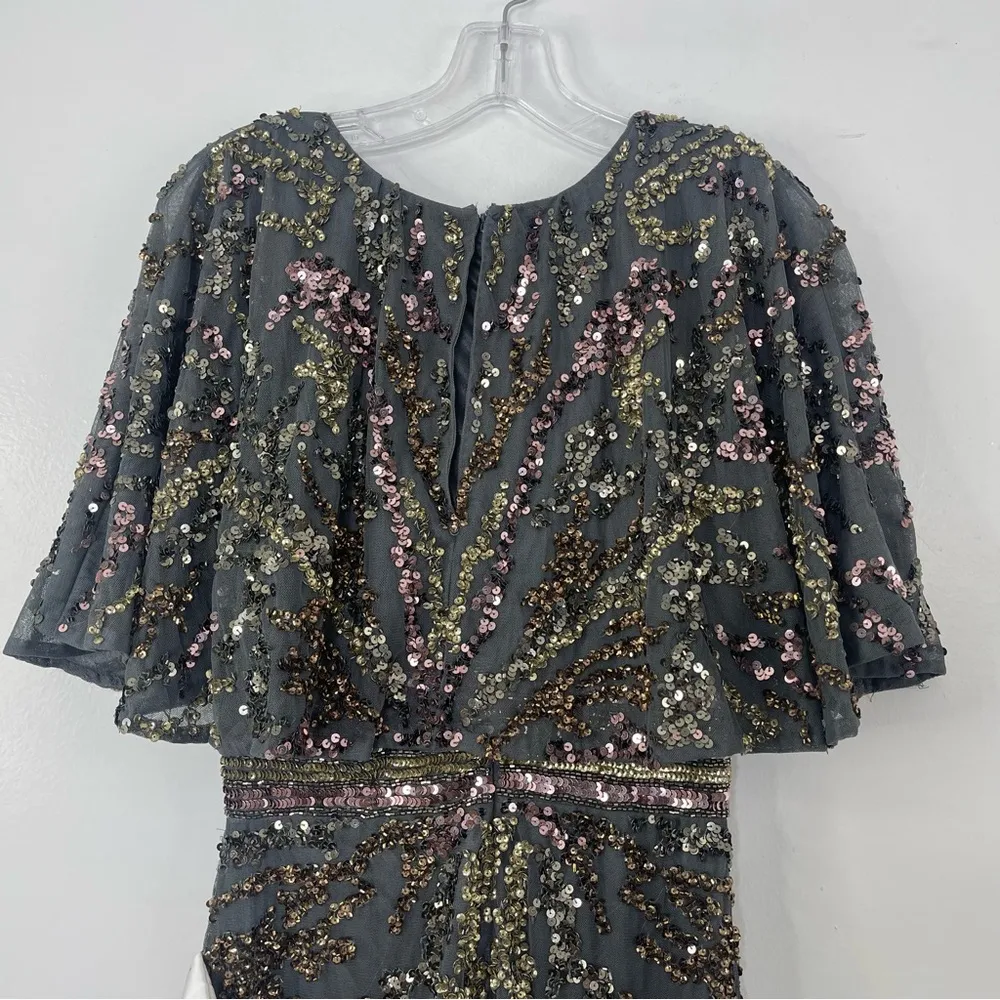 Mac Duggal 5439 Short Cape Flutter Sleeve Sequined Gown in Charcoal, Size 4 - Image 10