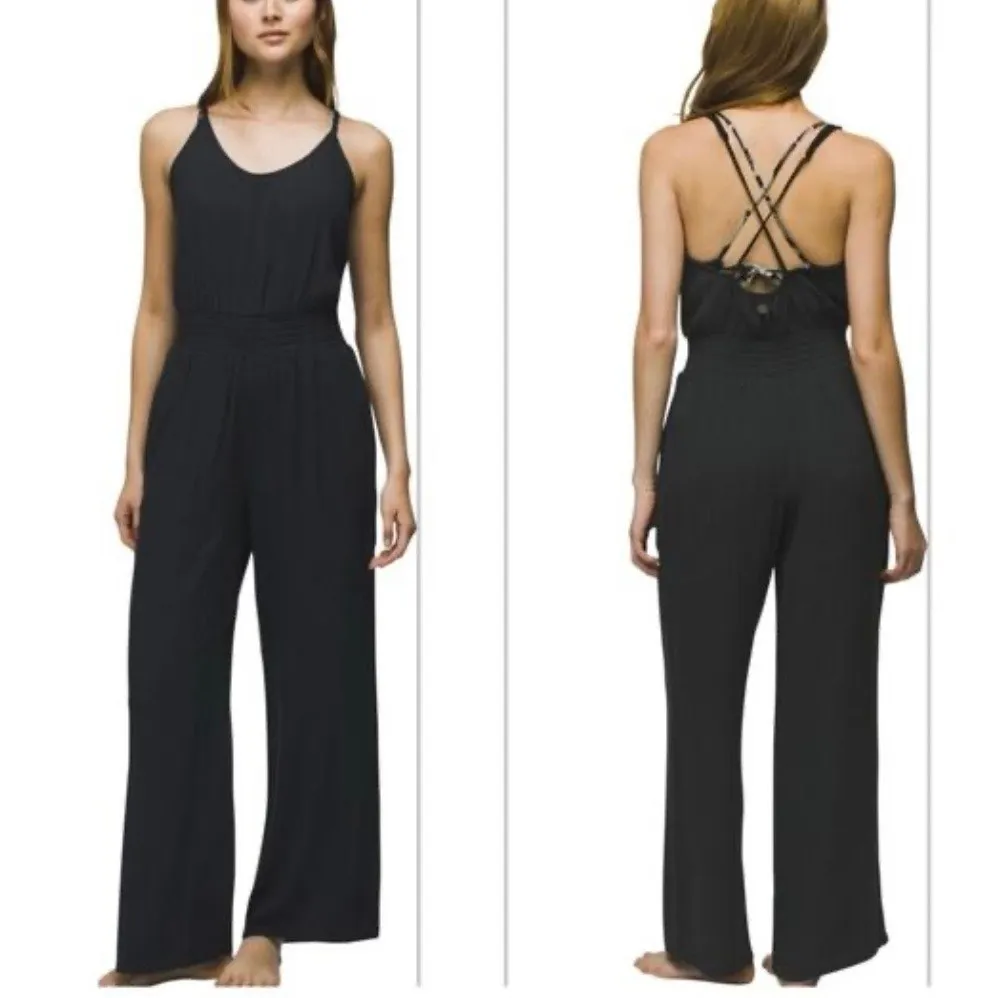 Prana Fernie Black Tencel Modal Strappy Crisscross Back Wide Leg Jumpsuit, Small - Image 2