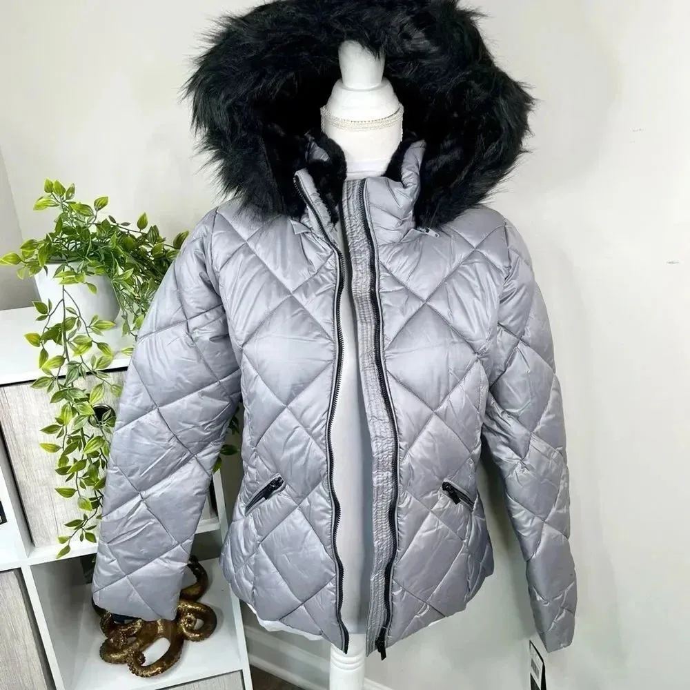 Sebby Collection Grey Silver Quilted Puffer Coat Black Faux Fur Trim NEW Sz S - Image 2