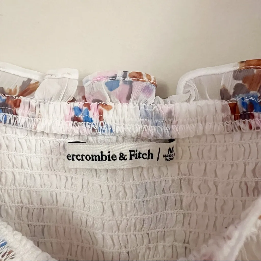 Abercrombie & Fitch Smocked Puff Sleeve Floral Midi Dress Size Medium White - Image 6