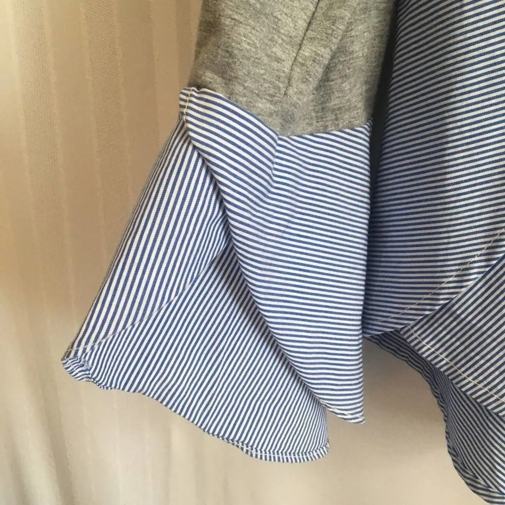 Marled Mixed Media Bell Sleeve Blouse Gray Medium Blue Pinstripe Top Cotton Gray - Image 6