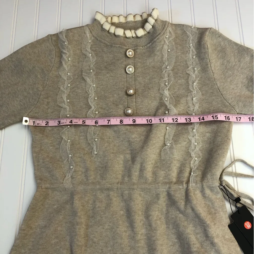 Lai Meng Five Cats Beige Long Sleeve Sweater Dress with Pearl and Lace Detailing Size M - Image 11