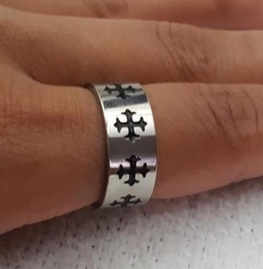 Silver Black Enamel Cross Band Ring Size - Image 2