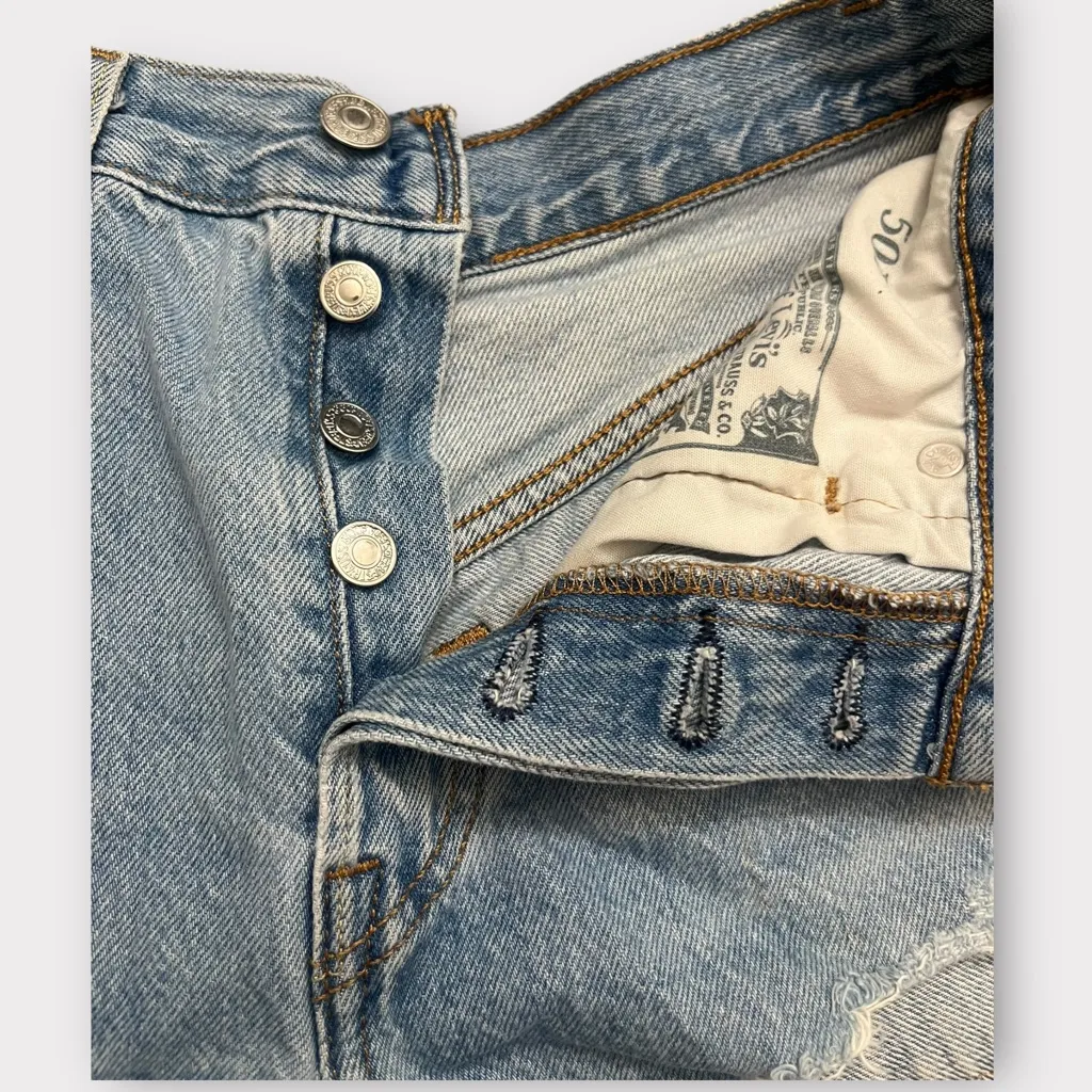 Levi’s 501 Distressed High Waisted Denim Shorts - Image 3