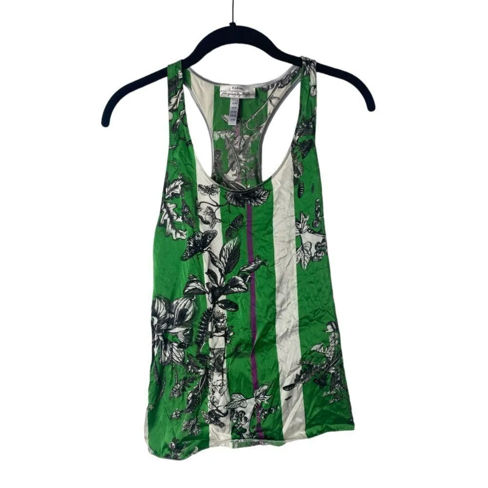 Erdem Silk Tank Top Women’s Size 6 Green White Floral Print Striped Racerback Bl - Image 2