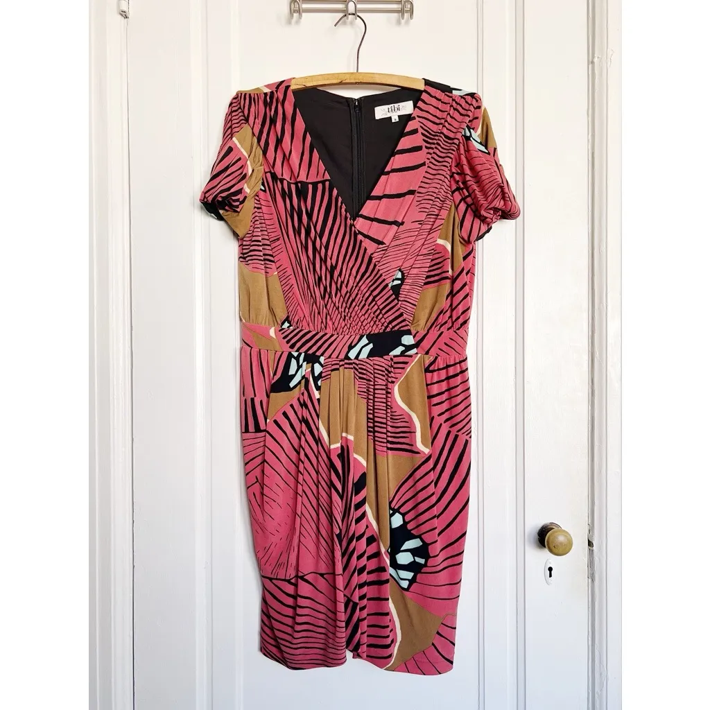 Tibi • Faux Wrap Jersey Dress red graphic tropical print draped knit cocktail - Image 3