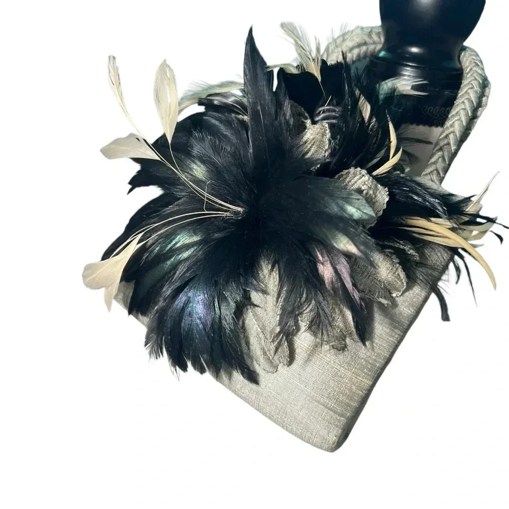 Mother Plucker silk real feathers oil slick coquette mini bag purse 20’s whimsy Silver - Image 2