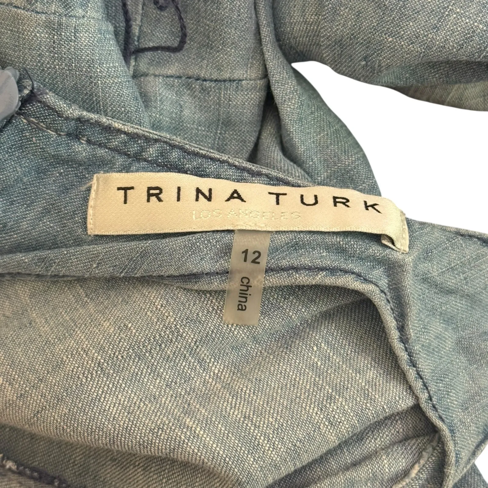 Trina Turk‎ Cloud Denim Chambray Wide Leg Jumpsuit Cropped Blue Women Size 12 - Image 9