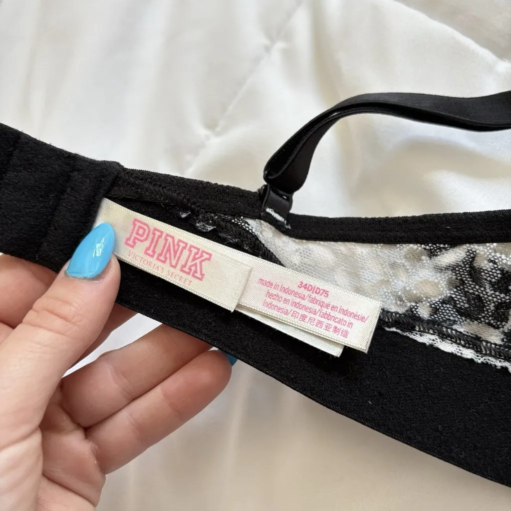 Pink Victorias Secret Wear Everywhere Push Up Bra Black White Lace Womens 34D - Image 5